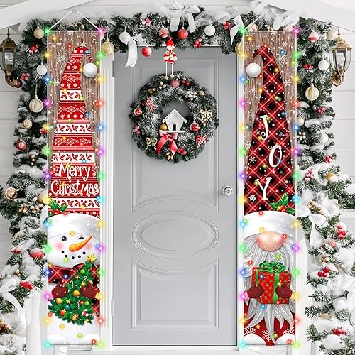 Miniatura 6 de Irenare Pancarta de Navidad iluminada con luz LED, letrero de porche frontal de Navidad, muñeco de nieve, gnomo, cartel colgante de puerta para