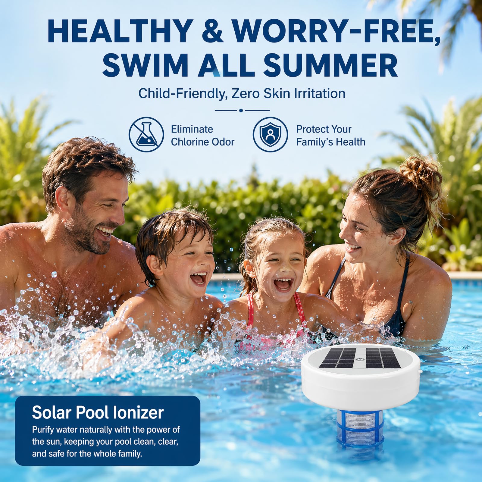 Solar Pool Ionisator, Automatischer Wasserreiniger, Solar Poolreiniger mit Mehrfarbige LED-Leuchten, Kupfer Ionreiniger Pool Zubehör für Aufstellpool und Einbautbecken