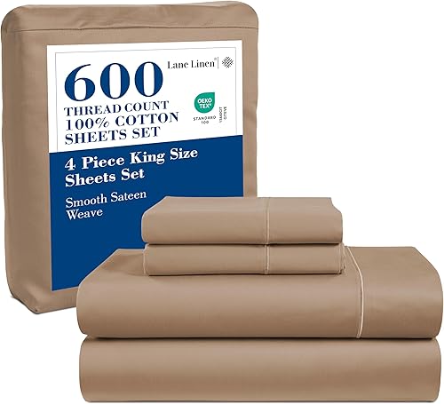 Miniatura 10 de LANE LINEN Sábanas 100% algodón para cama tamaño Queen, 600 hilos, suaves, transpirables y refrescantes para el hogar, sábanas Queen con bolsillo