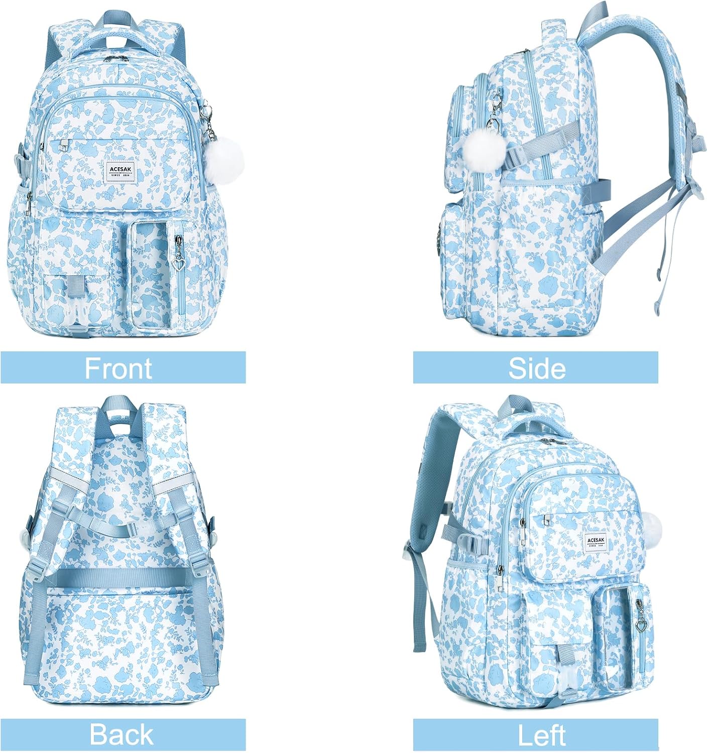  Backpack for Girls - Girls Backpack with Lunch Bag & Pencil Pouch for Teen Kids Laptop Backpack for Women, Elementary Middle High School Bookbag Travel Daypack (Blue Floral) thumbnail
