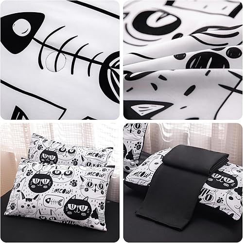 Miniatura 6 de Juego de ropa de cama individual para niñas, ropa de cama linda de 6 piezas, juego de edredón blanco y negro con gatos, juegos de edredón para niñas