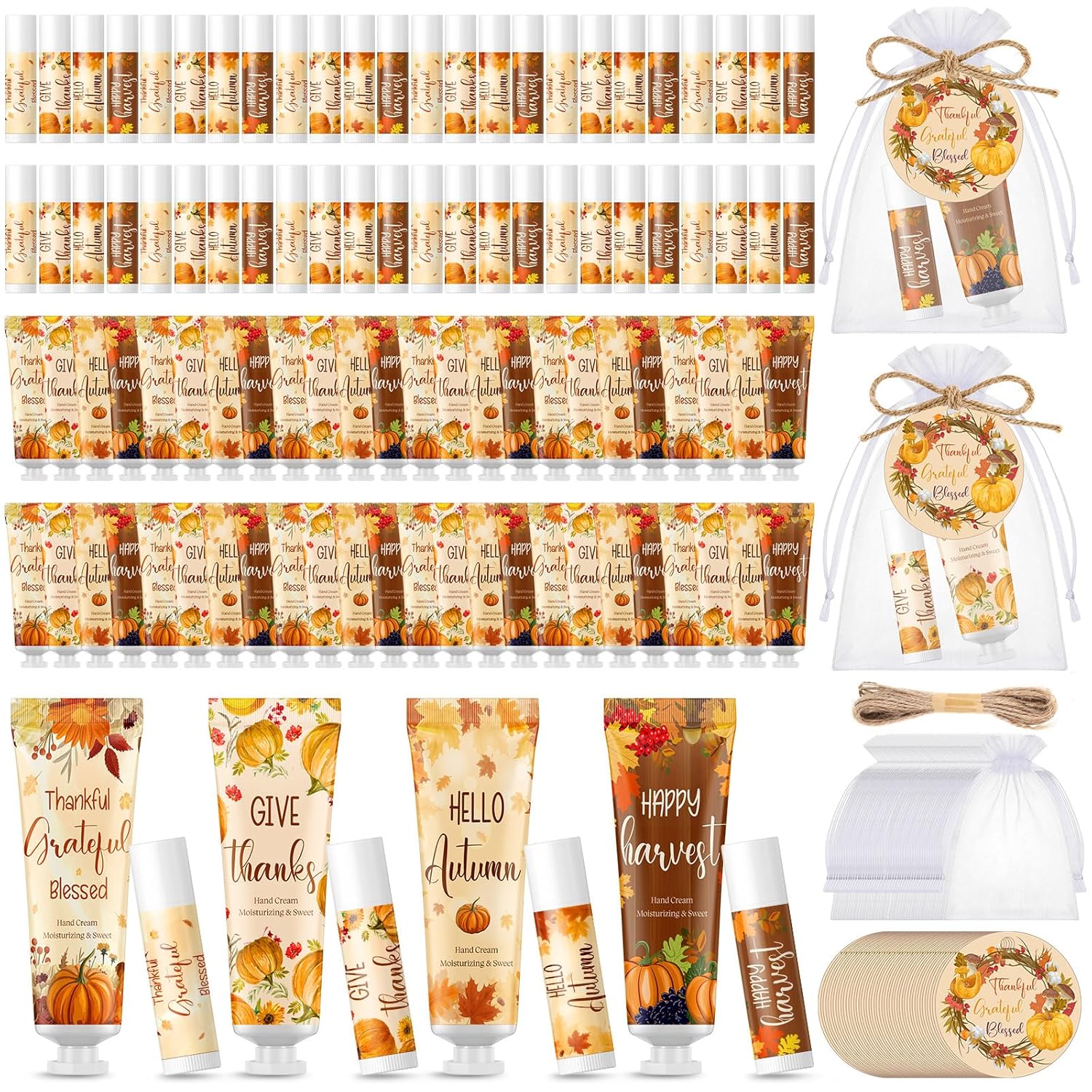Leelosp 48 Set Thanksgiving Fall Hand Cream and Lip Balm Set Mini Pumpkin Hand Lotion Travel Size with Tag and Organza Gift Bags for Dry Cracked Hands Women Autumn Halloween Baby Shower Party Favors