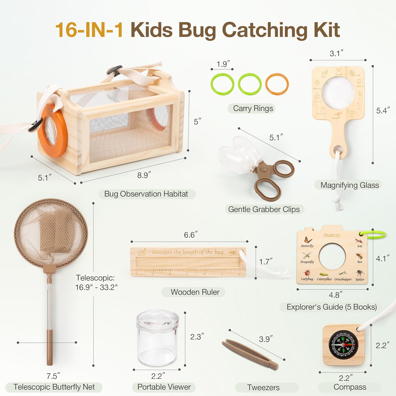 Wooden Bug Catcher Kit for Kids, 16-in-1 Outside Toys for Toddlers STEM Outdoor Explorer Set with 3-Way Observation Habitat, Butterfly Net, Magnifying Glass, Educational Gift for Boys Girls Ages 3-8