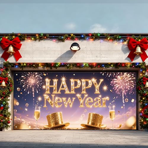 IVN Happy New Year Garage Door Banner Golden Confetti Celebration Backdrop New Y