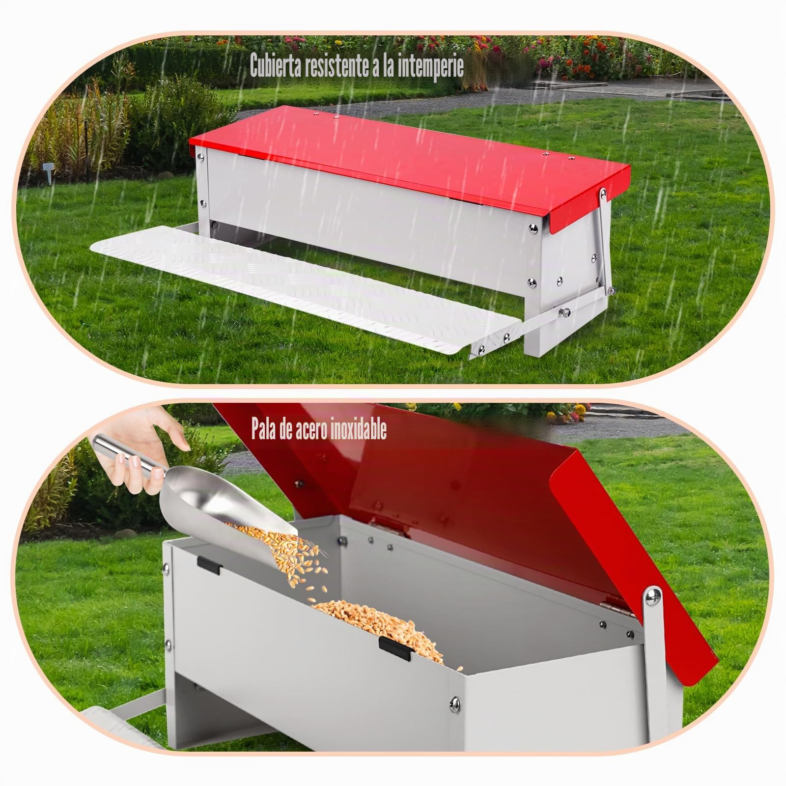 Comedero Automático para Gallinas, 7 Kg Metal con Pala de Acero Inoxidable, Comedero de Patos Para Exteriores, Sin Desperdicios con Tapa Resistente a la Intemperie para 6-12 Gallinas