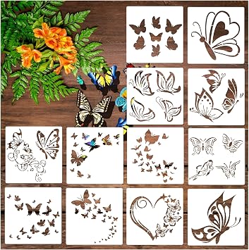 12 Pieces Butterfly Stencil Reusable Flying Butterfly Template Plastic Nature Spring Stencils for Painting on Wood DIY Craft Drawing Home Decor Wood Sign 12pcs Butter Fly