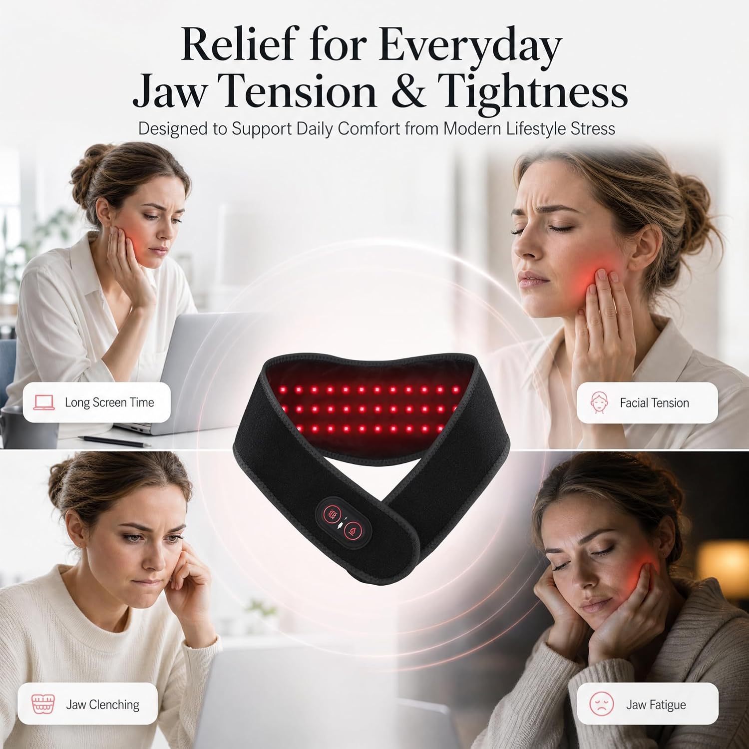 Cordless TMJ Heating Pad for Jaw with Vibration & Red Light, Jaw Massager with Heat, Face & Jaw Wrap for Jaw Tension Relief, Rechargeable Facial Heating Pad, 3 Heat & 3 Massage Modes