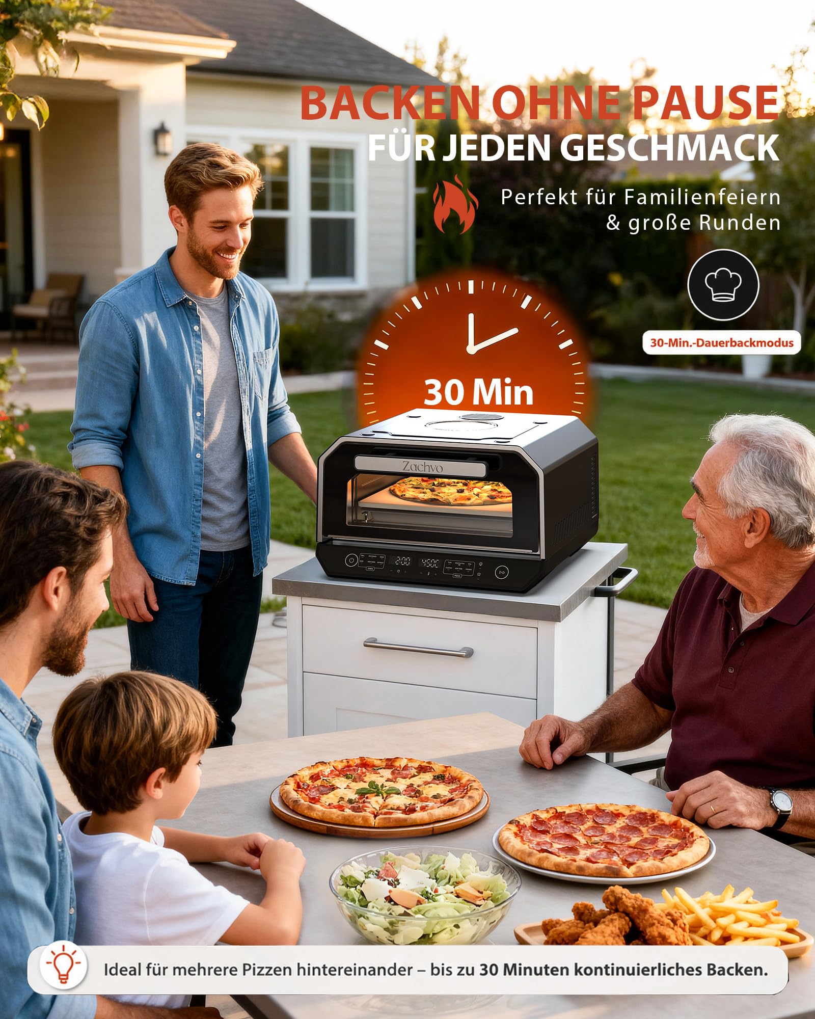 Pizzaofen Elektrisch 450°C – Neapolitanische Pizza in 90 Sek, Sichtfenster & Innenbeleuchtung, 6 Programme & & 6 Kochmodi, Profi-Koch-Modus, Pizzaschaufel & Pizzastein & Backblech
