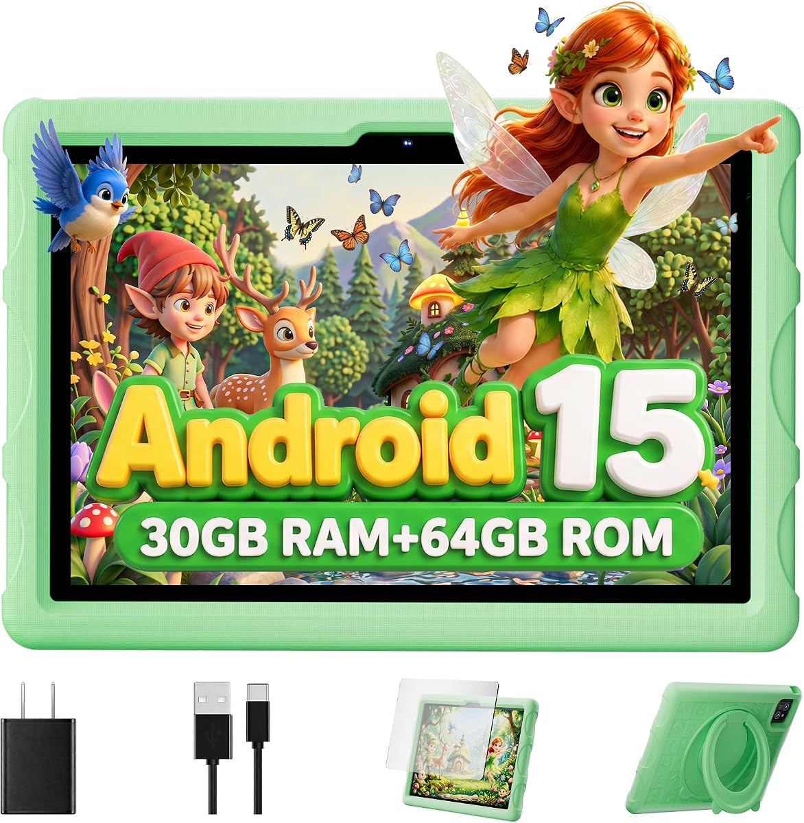 Android 15 Tablet with Drop-proof Case,30GB(8+22GB) RAM+64GBROM/1 TB Expand,Split Screen,Face Unlock,WiFi6,Bt5.0,10.1 inch Tablet,Octa-core Processor,800x1280HD,8MP+13MP,8000mAh,Gemini AI,Green