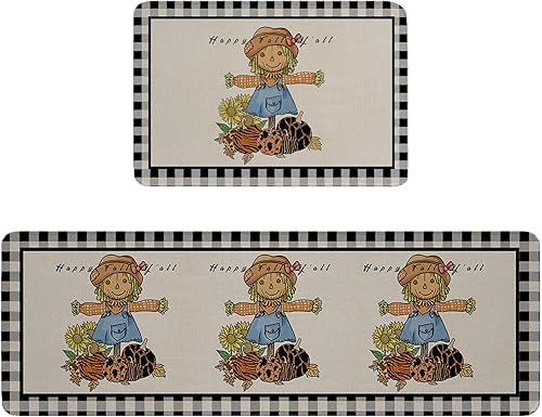 COLORSUM 2 alfombras y tapetes de cocina Happy Fall Y'all Espantapájaros calabaza, girasol, Acción de Gracias, negro, a cuadros, antideslizantes,