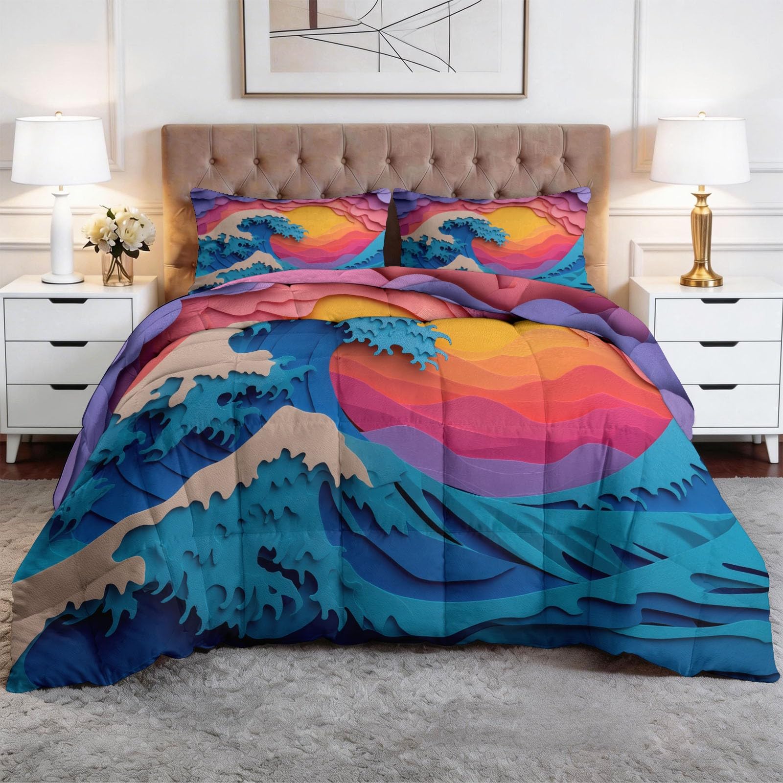 Trapunta Matrimoniale 150x200 cm Tramonto Astratto E Onde Dell'Oceano Piumone 4 Stagioni Microfibra Traspirante Morbida, Trapuntino Copriletto Stampa 3D con 2 Federe 50x80 cm