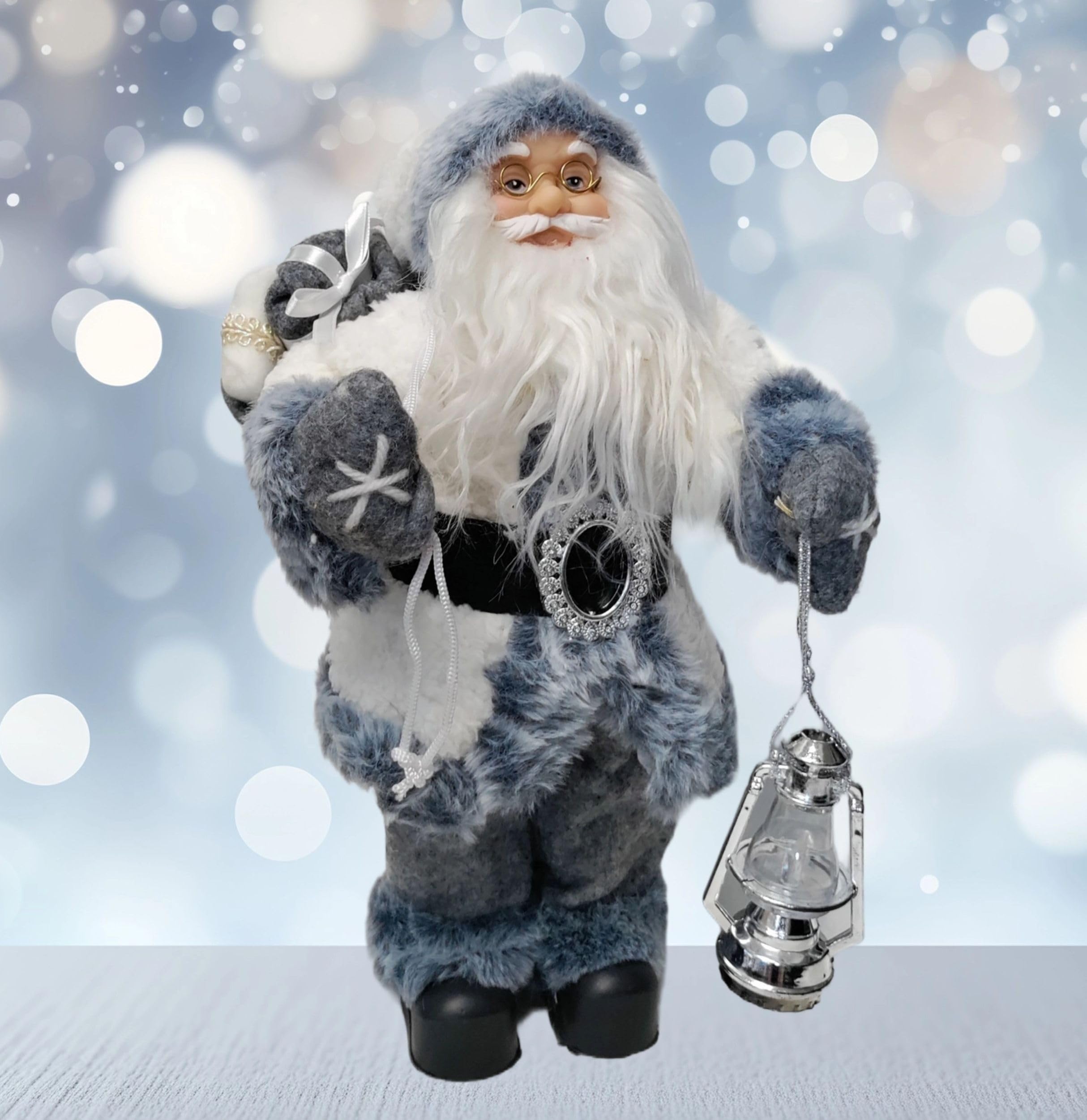 Kaemingk Père Noël debout traditionnel - Figurine Père Noël - Grande figurine de Noël - 60 cm - Manteau en fourrure blanche et grise tenant une lanterne - Décoration intérieure du Père Noël debout
