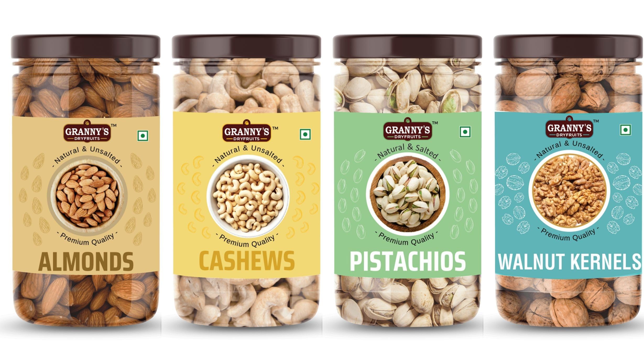 Granny’s Dryfruits Premium Nutmix Combo Pack 800gram | Almonds, Cashews, Pistachios, Walnut (200g Each) | High Protein Healthy Snacks | Gluten-Free | Natural Dry Fruits Mix | kaju badam pista akhrot