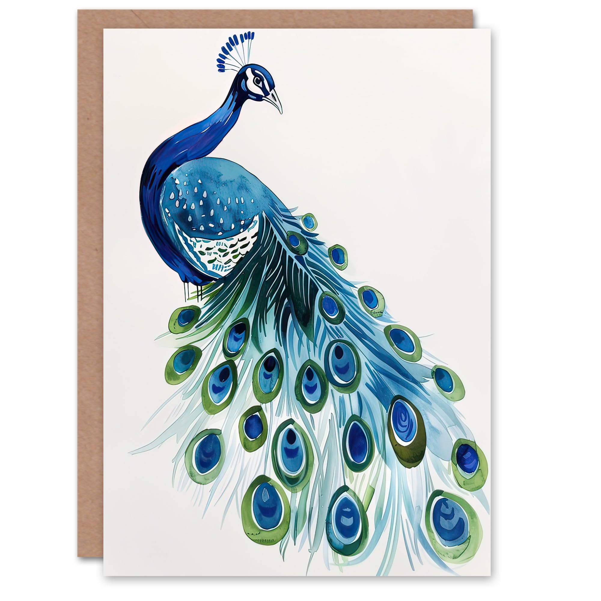 Greeting Card Blue Peafowl Peacock Tail Feathers Watercolour Birthday