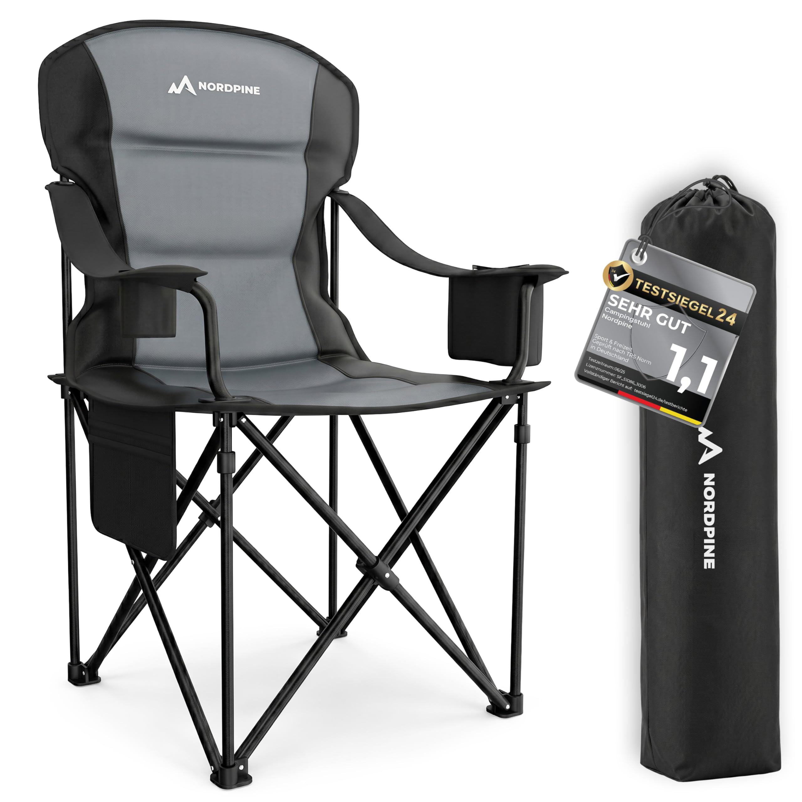 Campingstuhl faltbar bis 250 kg – Stabiler Klappstuhl Camping mit Kühltasche & Getränkehalter – Premium Polsterung & XXL Sitz – Robust & Bequem – Angelstuhl Gartenstuhl inkl. Tragetasche
