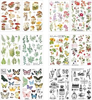 12 Sheets Rub on Transfers for Furniture Crafts Butterfly Flower Plant Stickers for Journaling Scrapbooking Supplies Mushroom Botanical Rub on Decor Transfers Sticker Decals DIY Scrapbooking Bullet Journal Album supplies