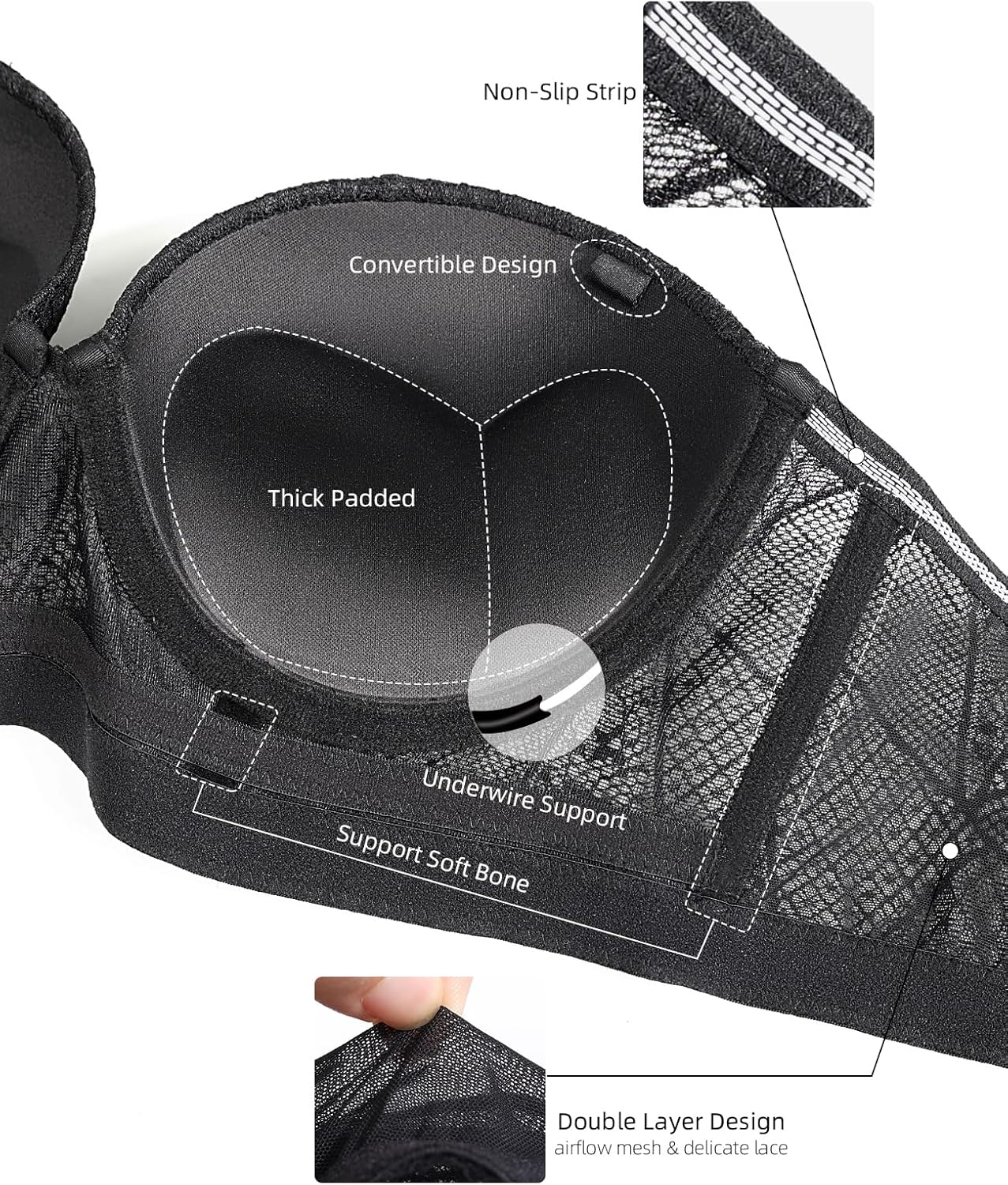 Strapless Longline Bras for Women Lace Push Up Padded Underwire Bra with Convertible Straps - Image 6