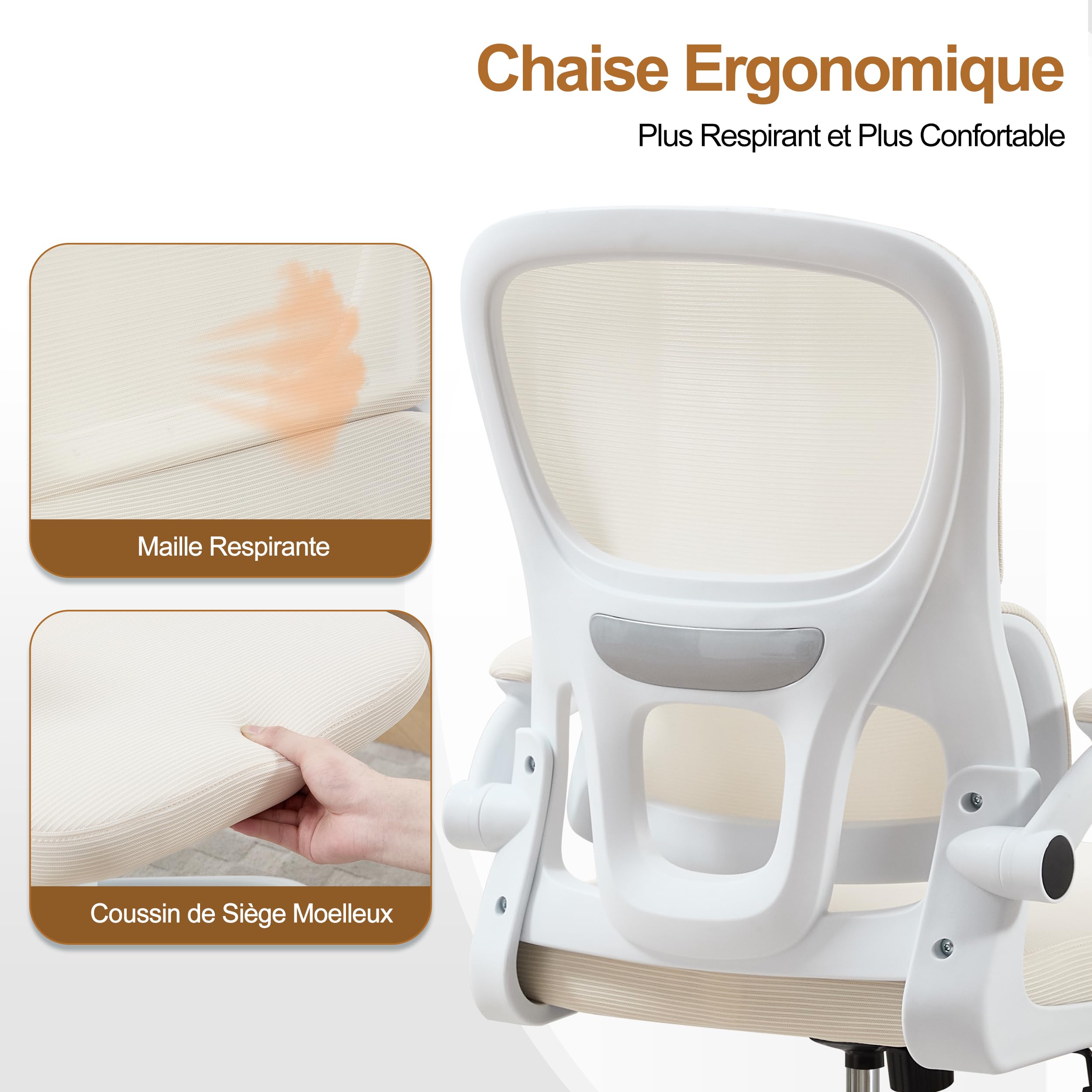 UEV Chaise de Bureau Ergonomique, Fauteuil avec Accoudoirs Réglables, Beige