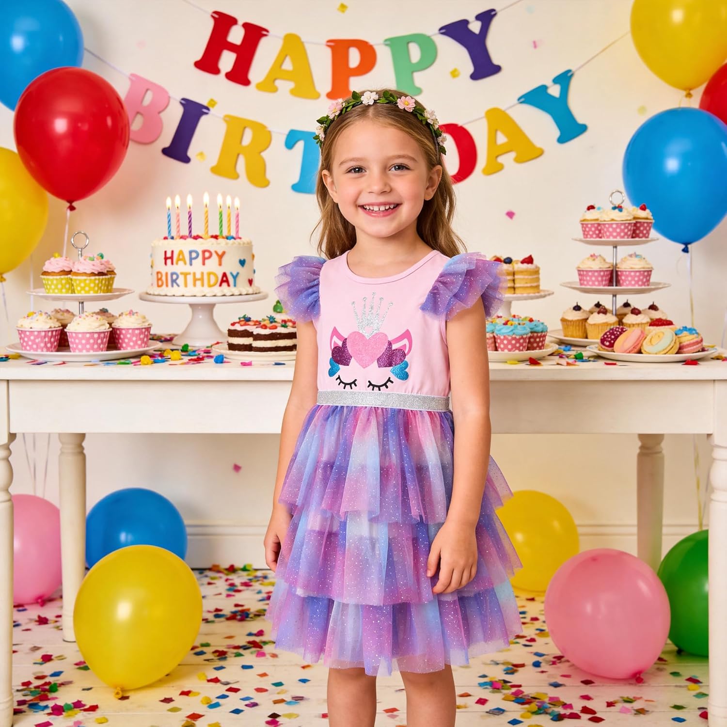 DXTON Toddler Girls Tutu Dress: Cotton Bodice Layered Tulle Skirt, Mermaid Sparkle Birthday Party Dress for Kids 3–8 Years - Image 2