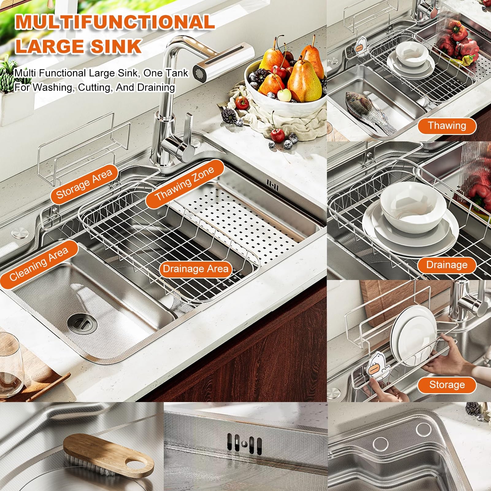 Moderno lavello da cucina a vasca singola con rubinetto a cascata estraibile, design giapponese, rondella tazza, foro di scarico, 78 x 48 x 22 cm, tial per cucine Slish