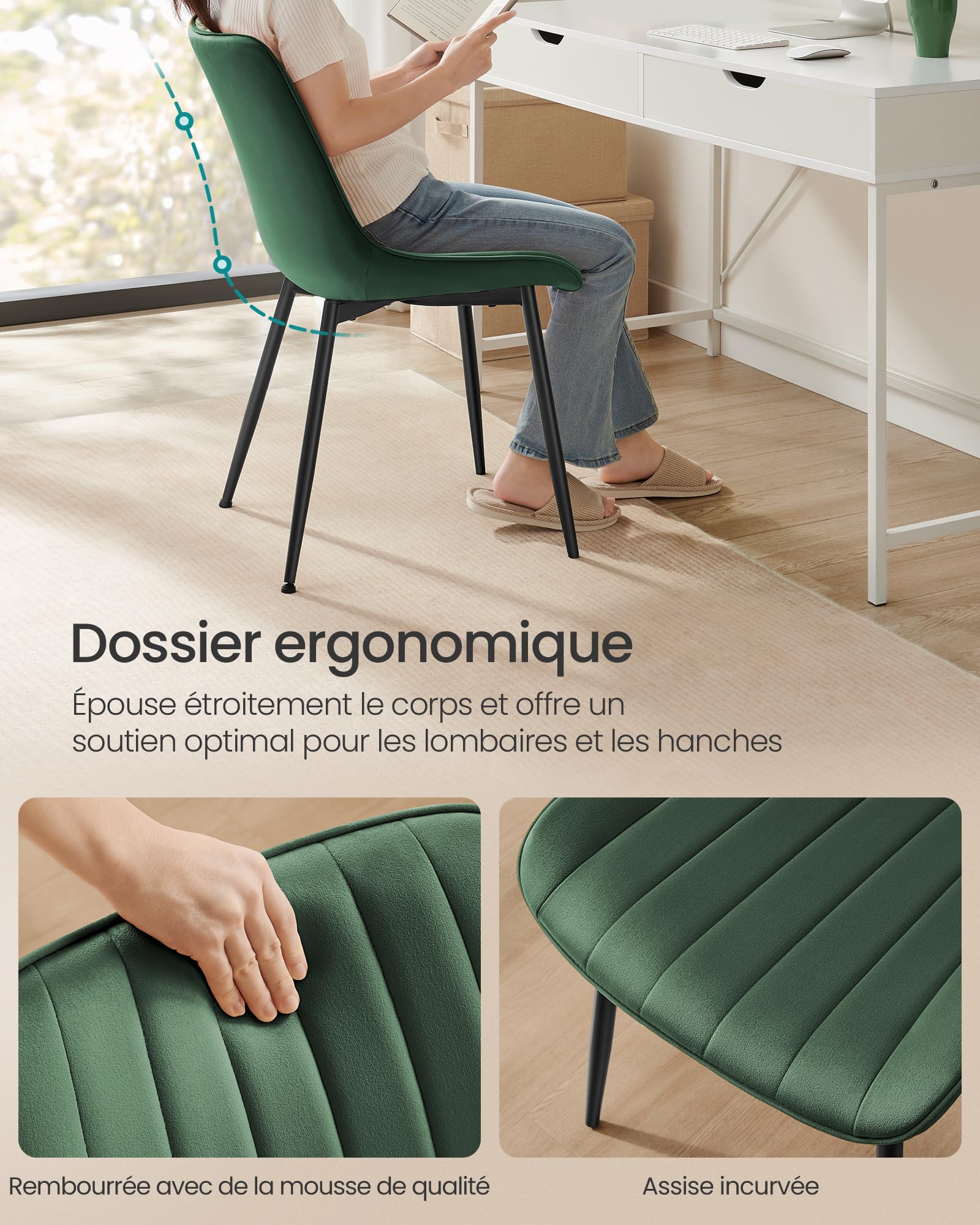 SONGMICS Lot de 6 Chaise Salle à Manger, Chaise Cuisine, Supportant Jusqu’à 120 kg, Pied en Acier, Dossier Ergonomique, pour Salle à Manger, Cuisine, Vert et Noir d'encre LDC090C16