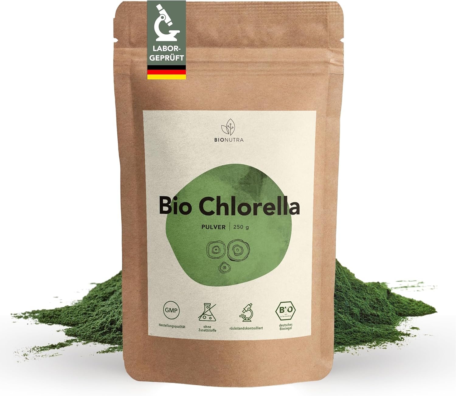 BIONUTRA Chlorella Bio Powder 250 g with broken cell wall, controlled for residues, produced according to EU organic regulation, vegan, lactose free & gluten free, no additives, pure organic chlorella