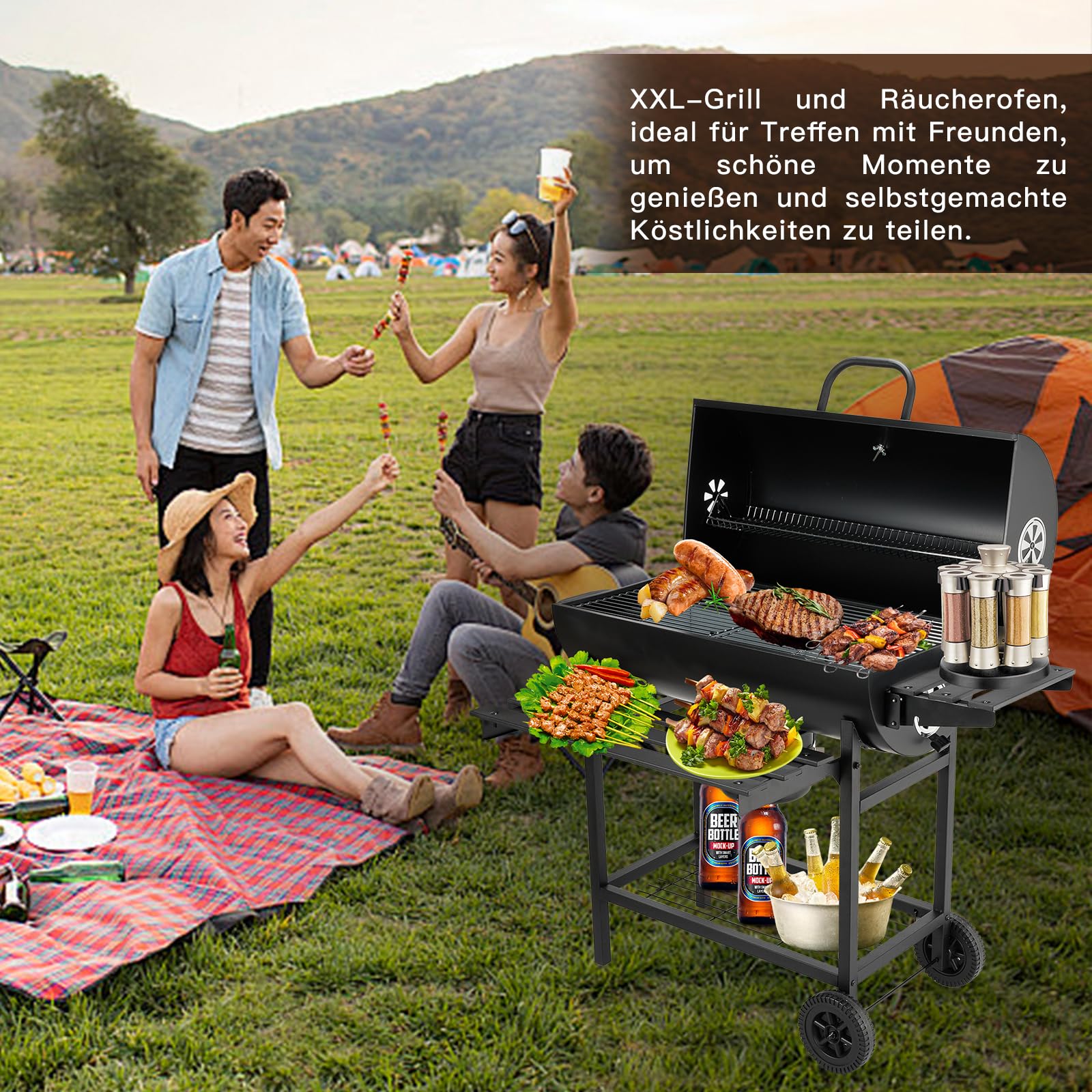 TEENO Parrilla para Barbacoa, Barbacoa de Carbón de Madera con Parrilla de Cocina XXL de Gran Tamaño, Guantes Anti-Quemaduras, Termómetro, Cajón de Cenizas, Ventilación Regulable (Básico)