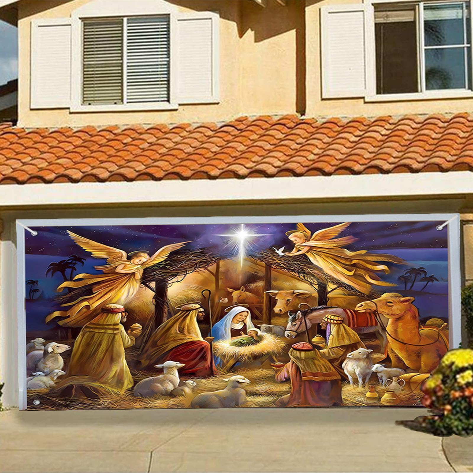 Merry Christmas Garage Door Banner Decorations Ultra Large Christmas Holiday Garage Door Banner Cover Murals, Indoor and Outdoor Nativity Scene Banner Garage Door Decor(Size:200x150cm/6.6x5ft,Color:C)