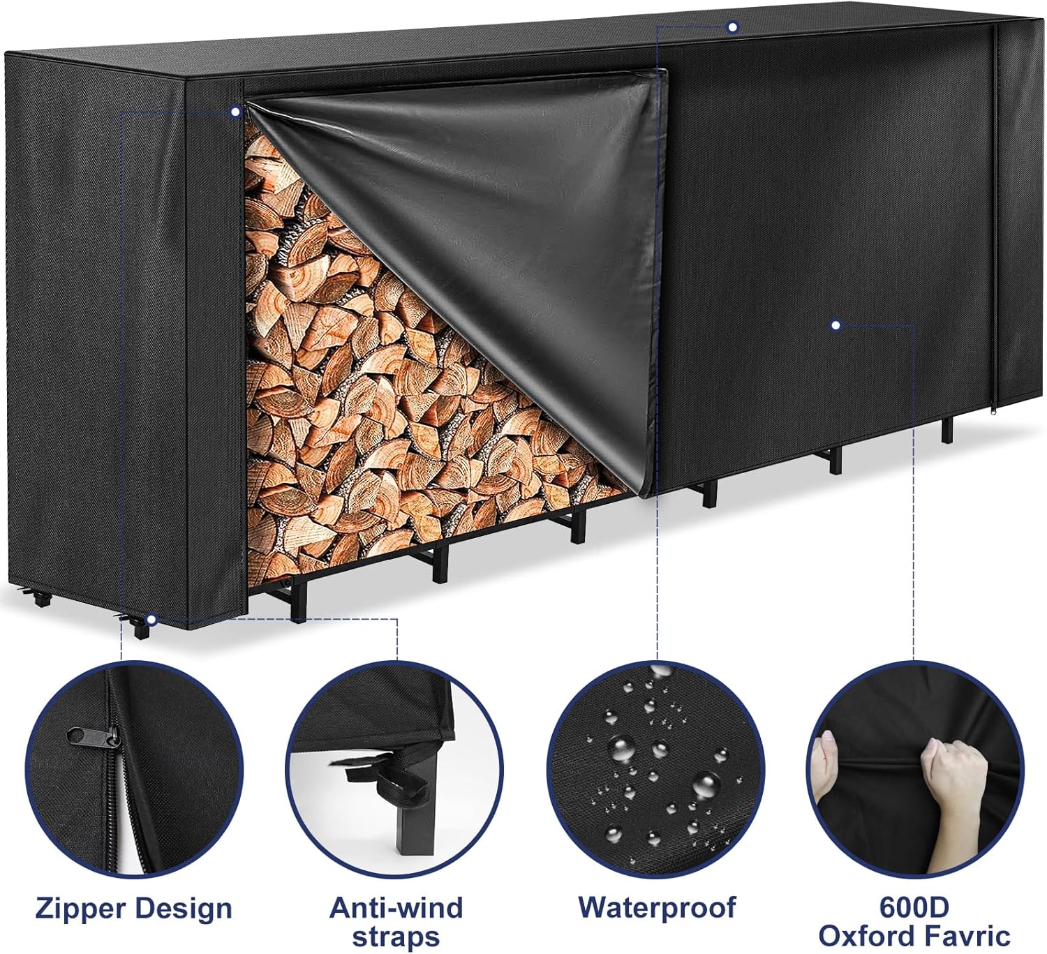 Honest 8ft Firewood Rack Cover, Heavy Duty Waterproof 600d Oxford Outdoor Firewood Storage Cover with Zipper and Openable Front Flap, Cover Only