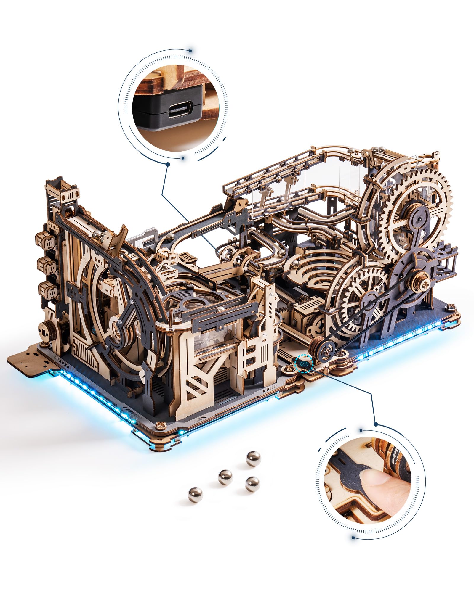ROKR Piste da corsa Puzzle 3D Legno Modellini da Costruire in Legno, Kit Modello Meccanico a Motore con sfere, Modalità Automatiche, Marble Spaceport & Night City & Kit di collegamen, LGC01 LGA01 LG01