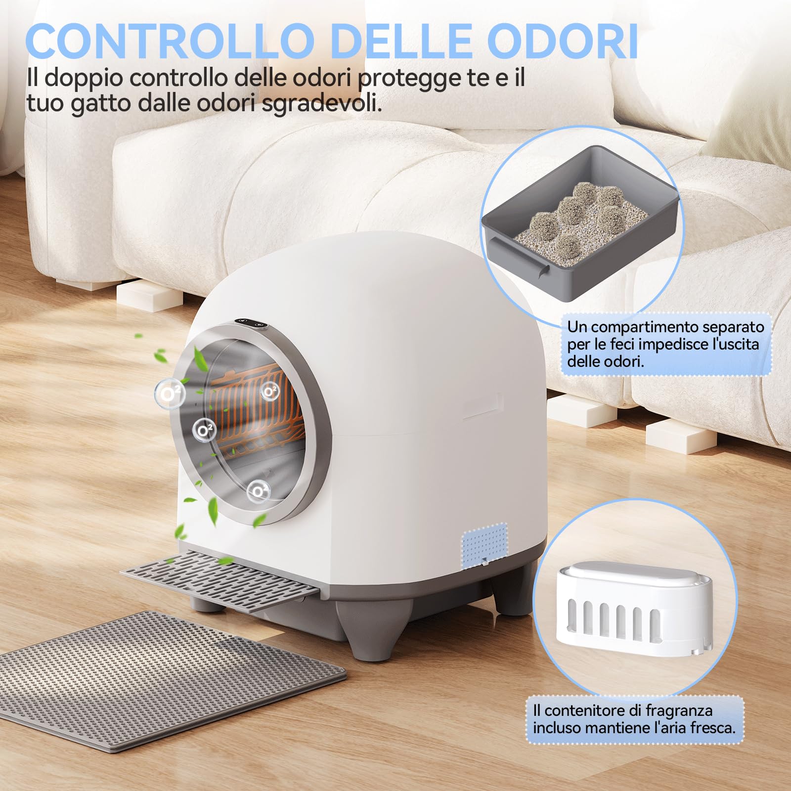JUMMICO Lettiera Gatto Autopulente Antiodore， 90L lettiera autopulente per gatti xxl. Controllo APP cat litter box self cleaning con sensori, ingresso basso anti-intrappolamento/odore, per più gatti