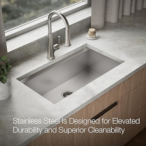 Miniatura 5 de KOHLER Fregadero de cocina Task K-80084-1PC-NA de doble montaje de acero inoxidable, fregadero de estación de trabajo de 33", grifo de 1 agujero,