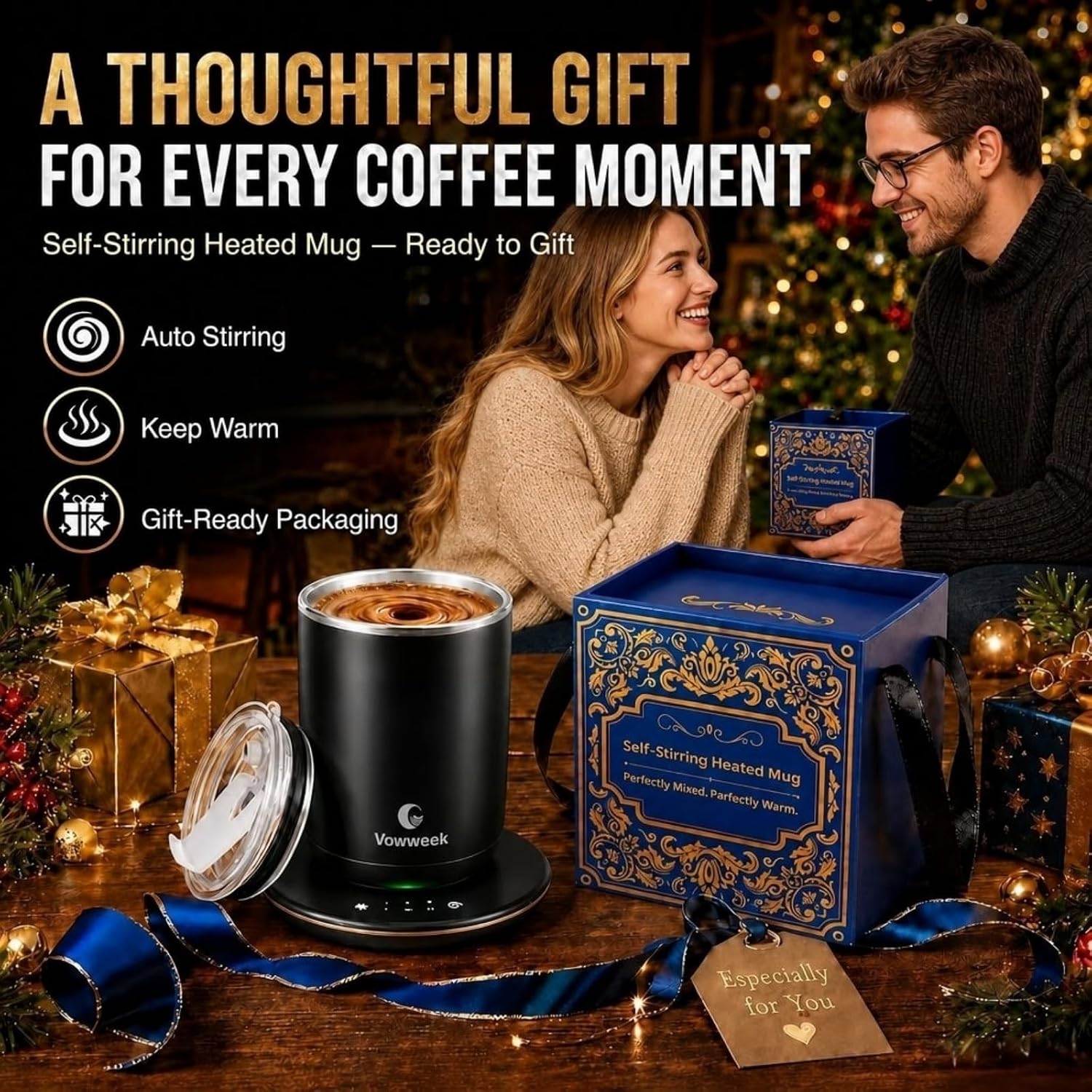 Self Stirring Coffee Mug, 10 oz Heated Mug with Magnetic Stirring, Black