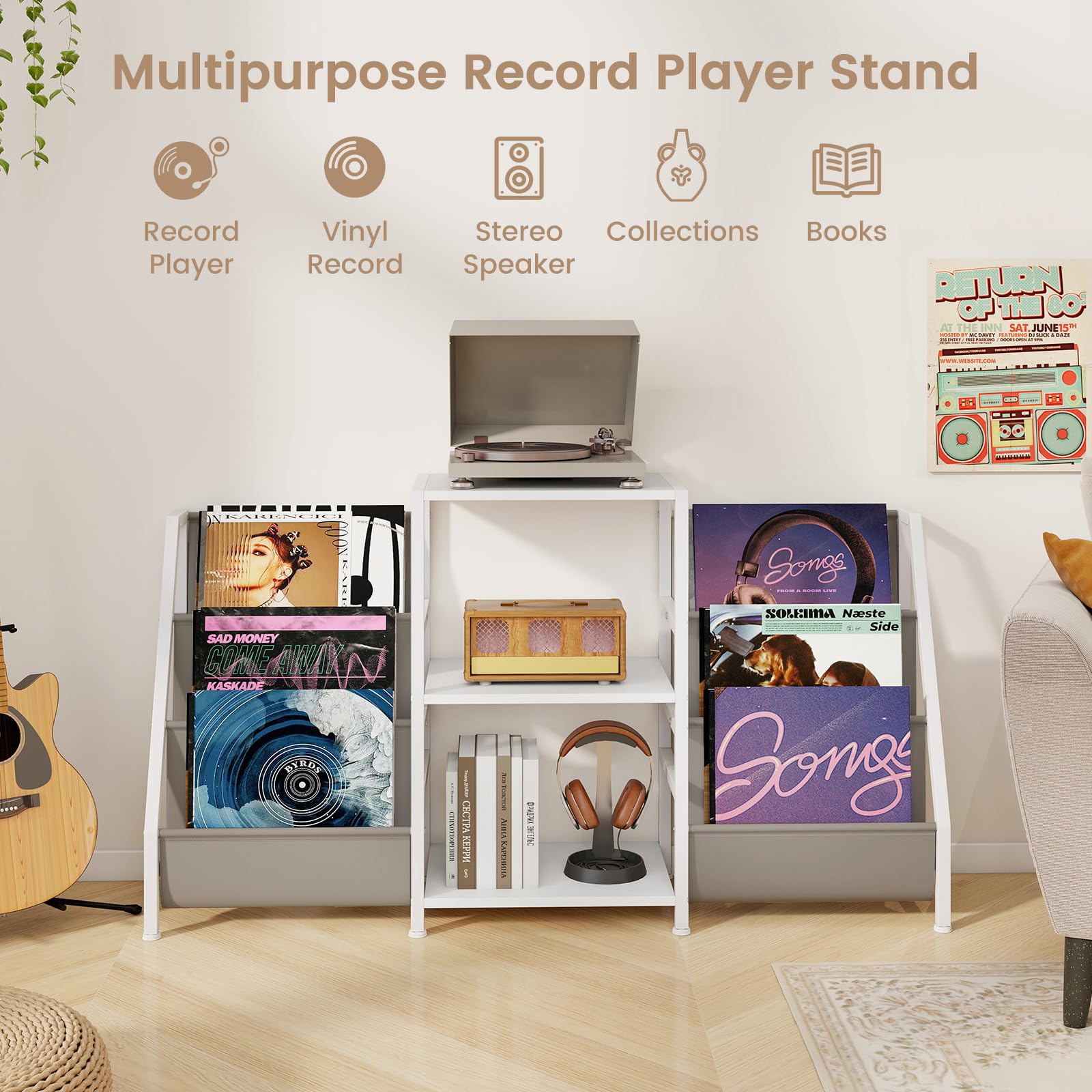 GIANTEX Soporte para Tocadiscos con 3 Estantes Abiertos y 6 Bolsillos de Almacenamiento, Combinación Flexible, Estantería para Discos de Vinilo, 125x30x69cm, Mueble para Salón, Dormitorio (Blanco)
