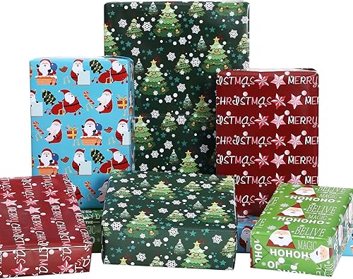 PlandRichW Papel de regalo de Navidad, 12 hojas plegadas para niños, niñas, hombres y mujeres. Verde, rojo y azul, árbol de Navidad, saludos, Papá