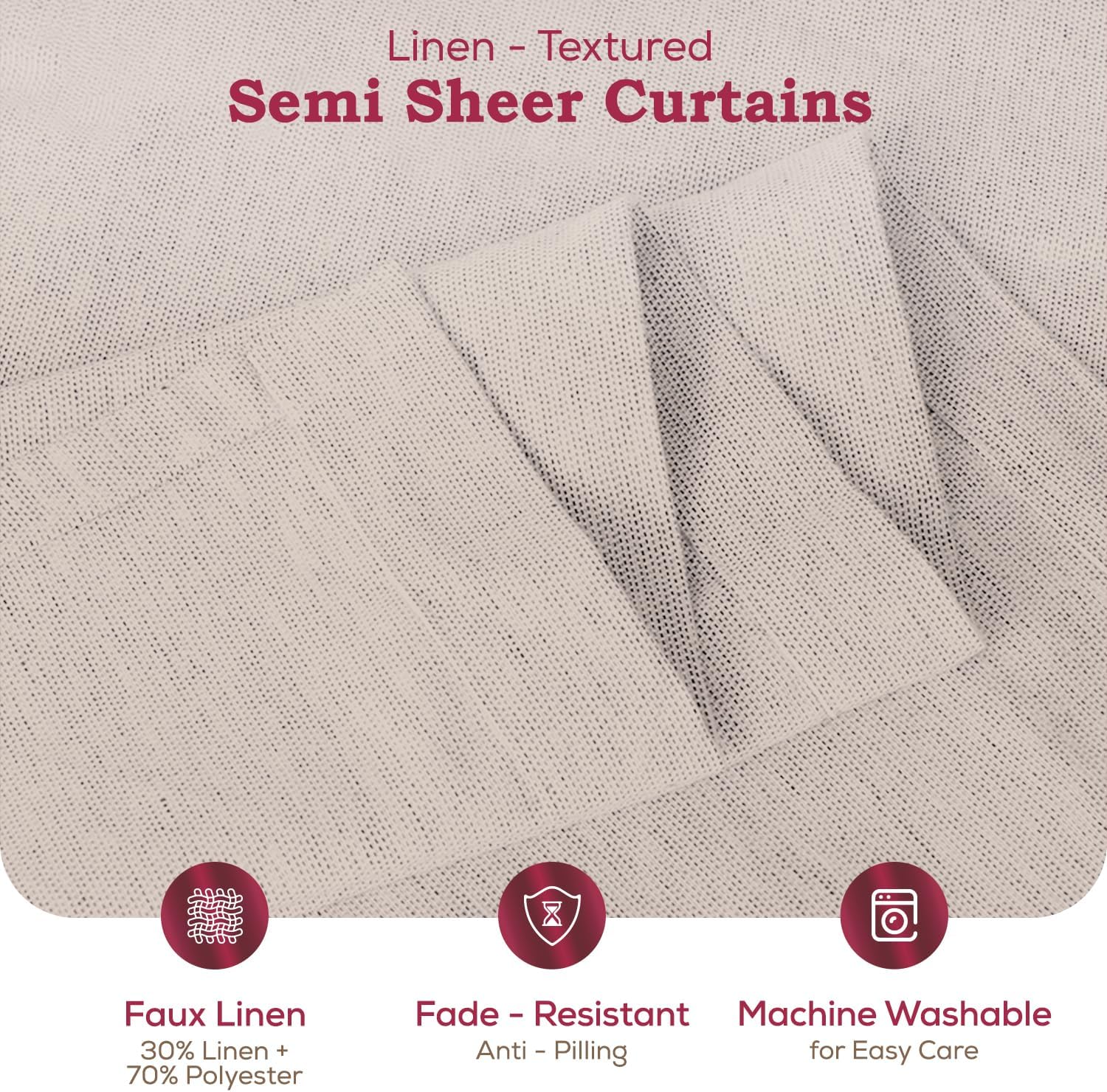 Mayfair Linen 3 Ply Linen Curtains 2 Panel Set - Bedroom Living Room Curtains 96 Inches Long, Rod Pocket Back Tab Soft Textured Window Drapes Semi Sheer Light Filtering Panels (52 x 96 Taupe)