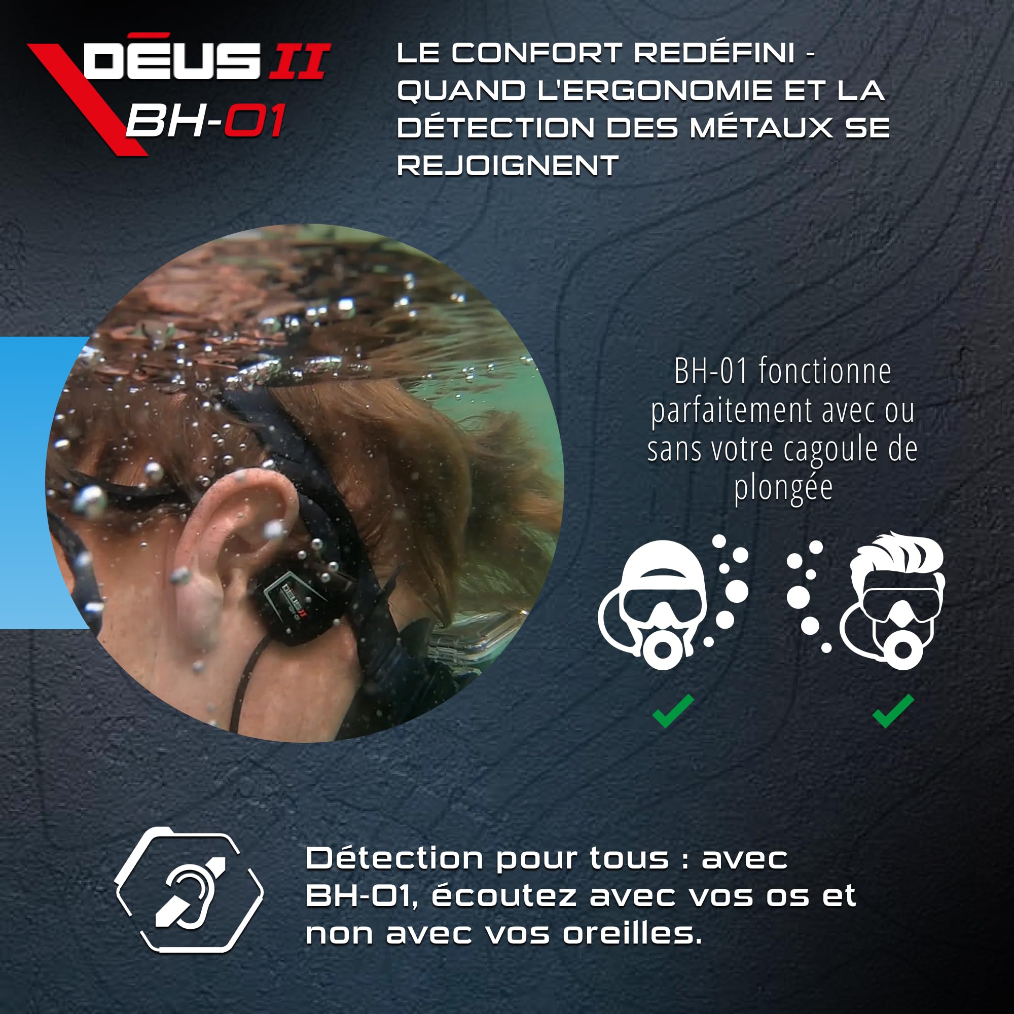 XP METAL DETECTORS BH-01 Casque à Conduction osseuse Filaire IP68 pour Deus II détection métaux sous-marine 20m