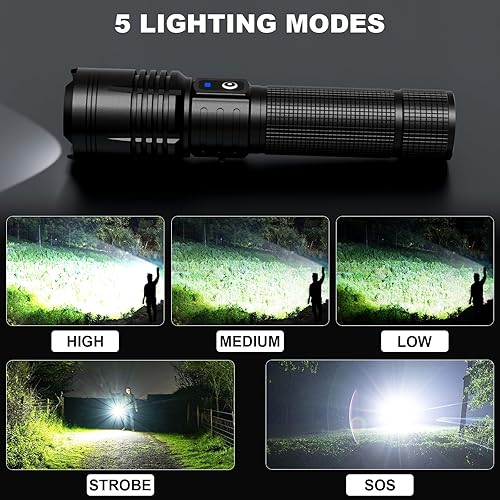 Miniatura 5 de Paquete de 3 linternas recargables de alto lúmenes, 99000 lúmenes, linterna LED súper brillante con 5 modos e impermeable, potentes linternas de