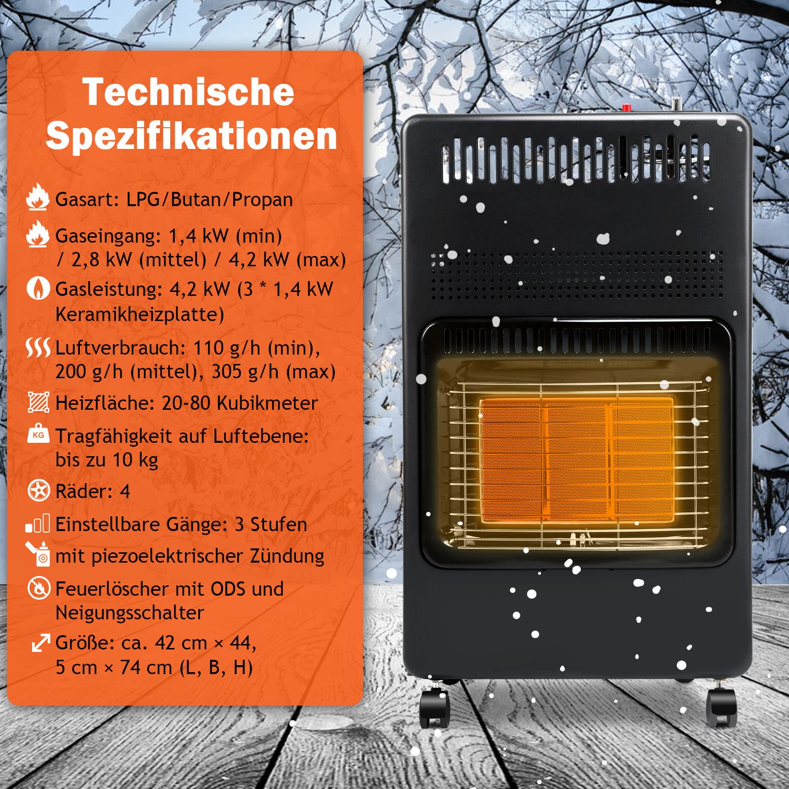 Gasverwarming 4,2 KW Gaskachel Opvouwbare Gaskachel Inclusief Oververhittingsbeveiliging En Kantelbeveiliging Ods Vlamvertragend Apparaat Piezo Ontsteker 305 G H Gasverbruik Butaan Of Propaangasf