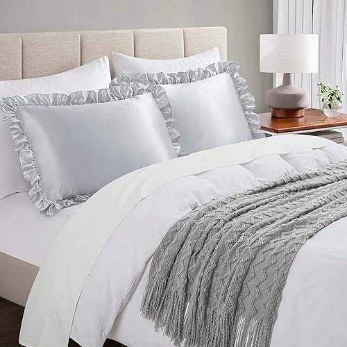 Miniatura 2 de HommxJF Juego de 2 fundas de almohada de satén sedoso con volantes para cabello y piel fundas de almohada de seda gris claro tamaño Queen con cierre