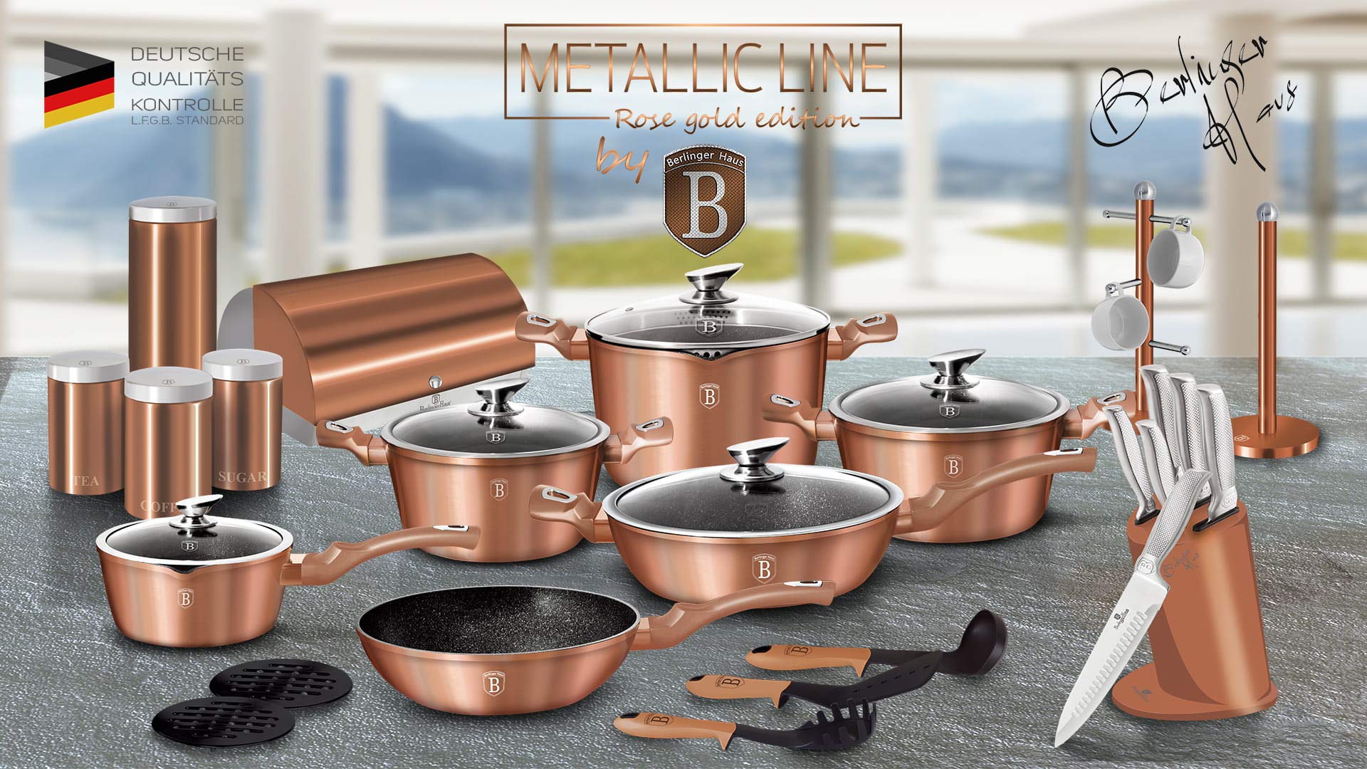 Berlinger Haus Rose Gold zestaw garnków indukcyjnych, 11-częściowy, nieprzywierający marmur, bez PFOA, aluminium, zestaw 3 garnków, 4 pokrywki szklane, 1 patelnia, 2 podstawki, design metaliczny