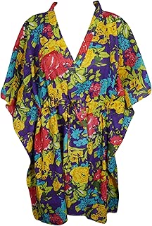 Mogul Interior Women's Kaftan Dress Cotton Printed Short Drawstring Caftan Dress (Free-Size)