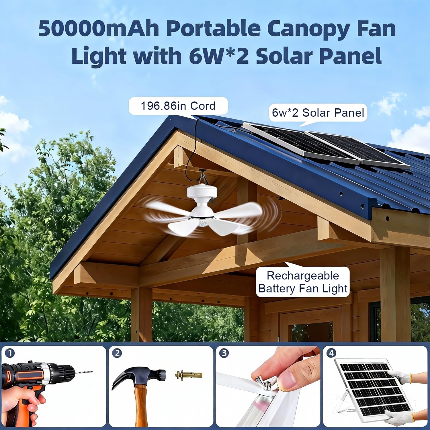 KZT Solar Ventilator Deckenventilator mit Beleuchtung und Fernbedienung LED Dimmbar Akku Fan Deckenlampe Drei Geschwindigkeit Einstellbare Ventilatorlicht für Outdoor Garten Pavillon Schirm Camping