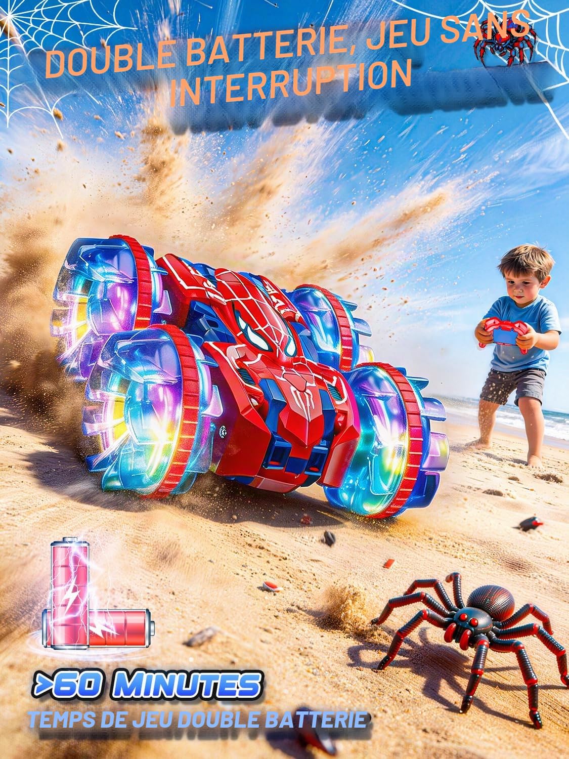 Spider Voiture Télécommandée Enfant 3 4 5 6 7 8 9 Ans, 2.4 GHz Amphibie RC Radiocommandée, Jouet Car Garcon avec Lumière LED &360° Rotation,IPX7 Étanche Voiture Jeux Exterieur Cadeau Anniversaire Noël