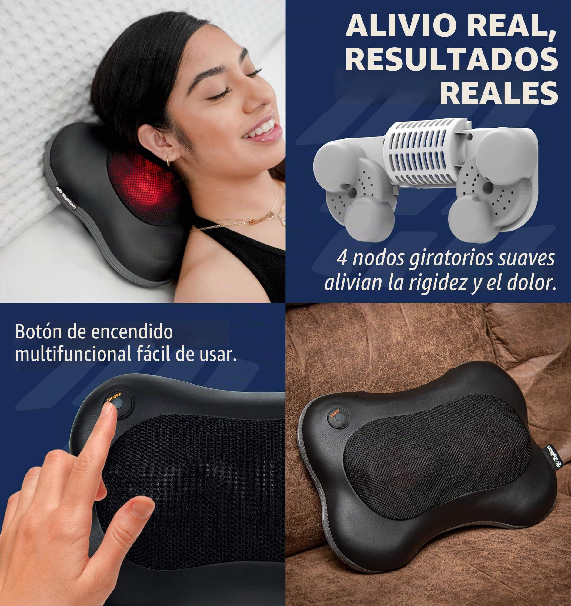 Zyllion Masajeador Shiatsu Espalda y Cuello – Almohada de Masaje Profundo con Calor para Dolor Muscular, Inalámbrico y Recargable – Masajeador Cervical y Espalda 3D, Negro, (ZMA-13RB-BK)