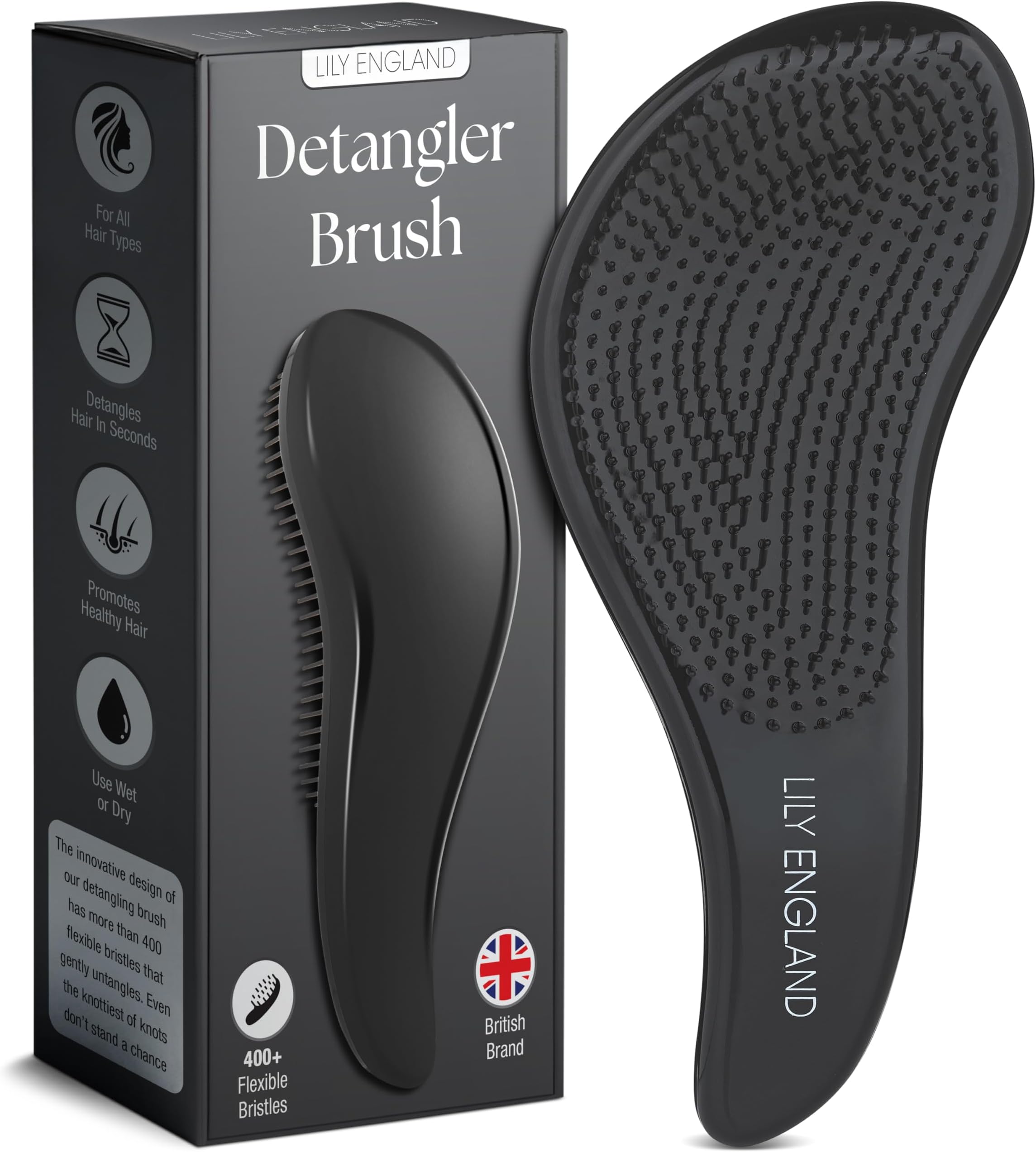 Lily England Detangle Hair Brush for Thick, Curly & Straight Hair - Detangling Hairbrush for Women, Kids & Toddlers with Flexible Bristles - Smooth Detangler for Wet & Dry Hair, Matte Black
