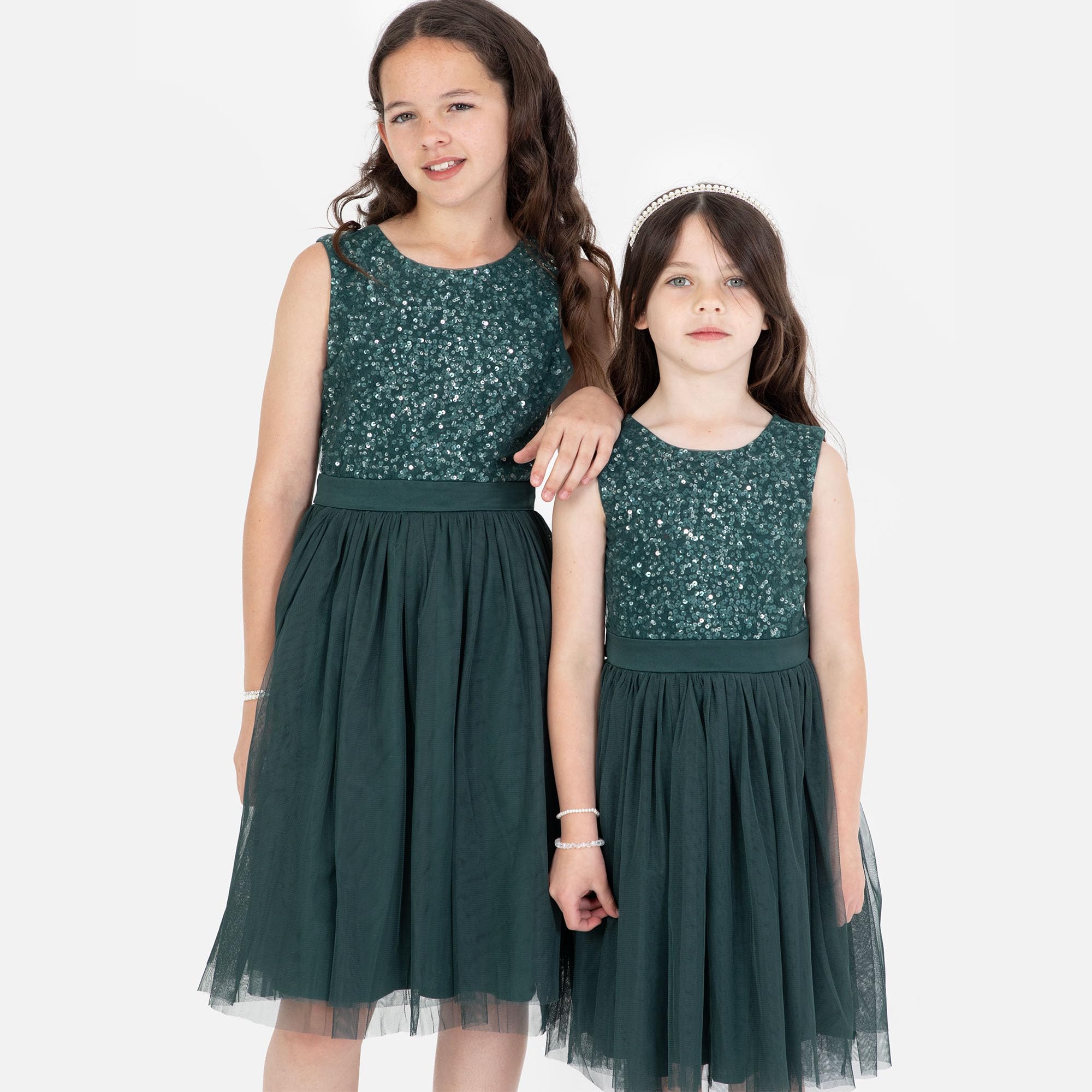 Maya Deluxe Mädchen Midi Dress for Girls Sequins Embellished Party Tutu Bridesmaids Wedding with Belt Bow Kleid