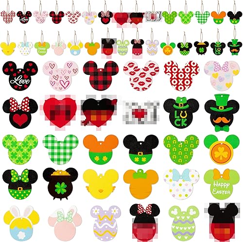 31 adornos colgantes de madera de ratón de San Patricio, Día de San Valentín, para árbol, rebanadas de madera de ratón de Pascua con cuerdas,