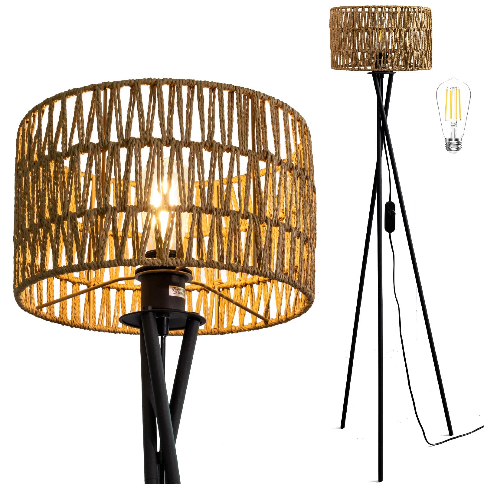 Osasy Dimmable Floor Lamps with Interchangeable Shades, Black Metal Teipod Stand, Dimmable Light Tall Standing Lamp for Bedroom, Office (C5 Paper Shade - Brown)