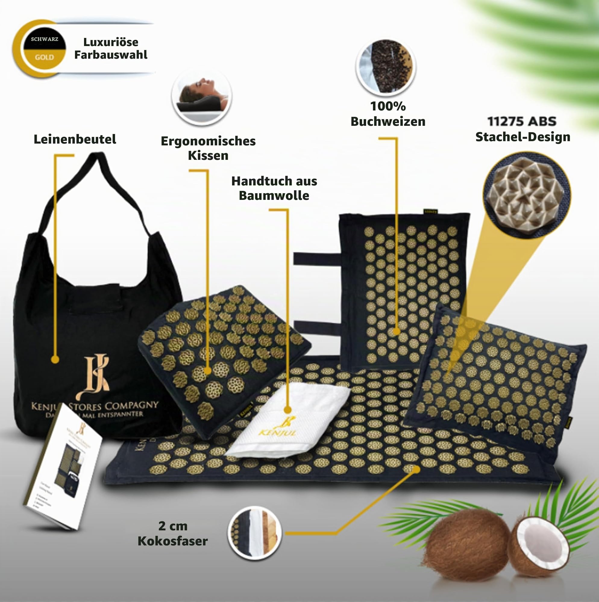Akupressurmatte XXL (6-teilig) mit ergonomischem Kissen & Wärmfunktion – Ganzkörpermassage zur Linderung von Verspannungen, Rücken- und Nackenschmerzen inkl. Tasche & Anleitung (Schwarz-Gold)